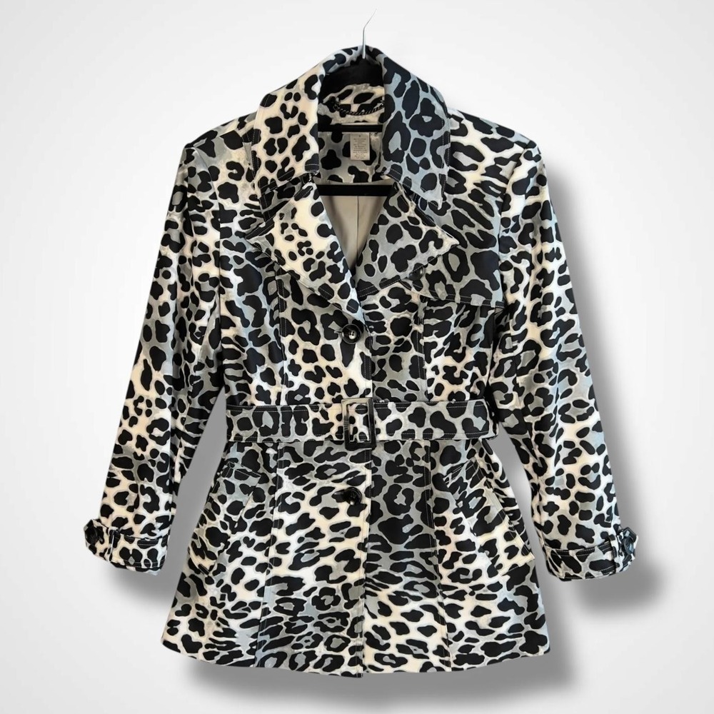 Cache Coat Womens Small Black White‎ Leopard Print Belted Trench Jacket Pockets